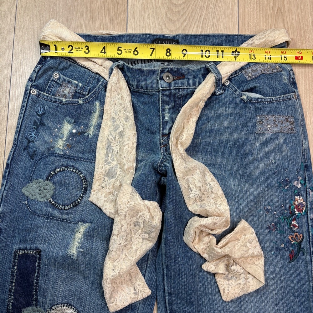 Venus Womens Y2K Flare Jeans Blue Denim Embroidered Lace Patchwork Low Rise SZ 6 - Picture 8 of 11